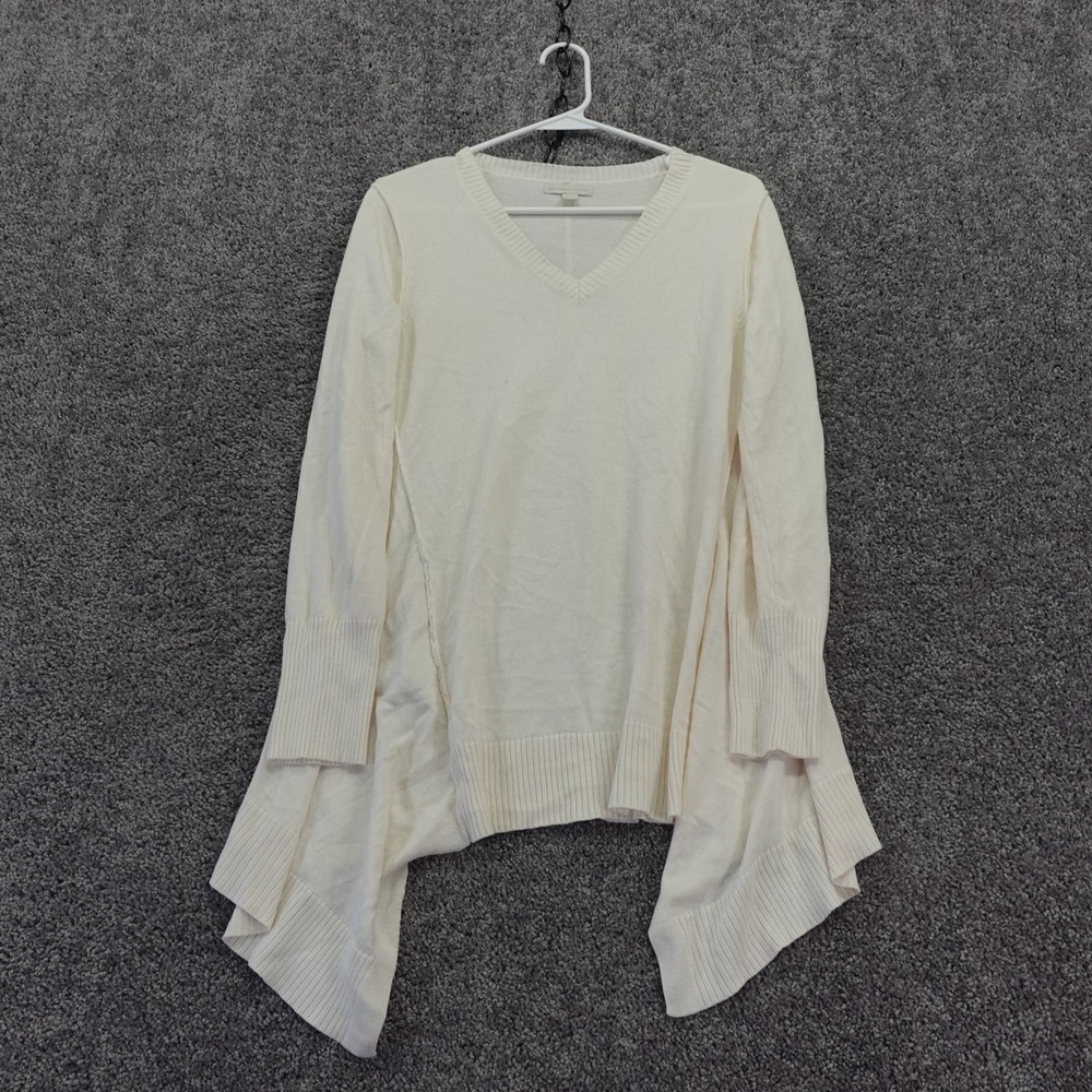 New York & Company V-Neck Sweater Womens Medium Ivory Sharkbite Hem Long Sleeve